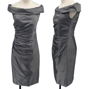 Marisa Baratelli Thai Silk Cocktail Sheath Dress Foldover Off Shoulder Ruched 4